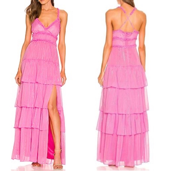 LIKELY Athena Maxi Dress in Pink Sugar Raw-Cut Ruffle Trim Size 4